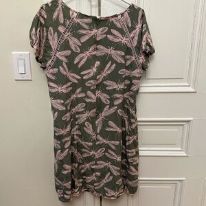 Modcloth 1X green and pink dragonfly print shirt dress with pockets